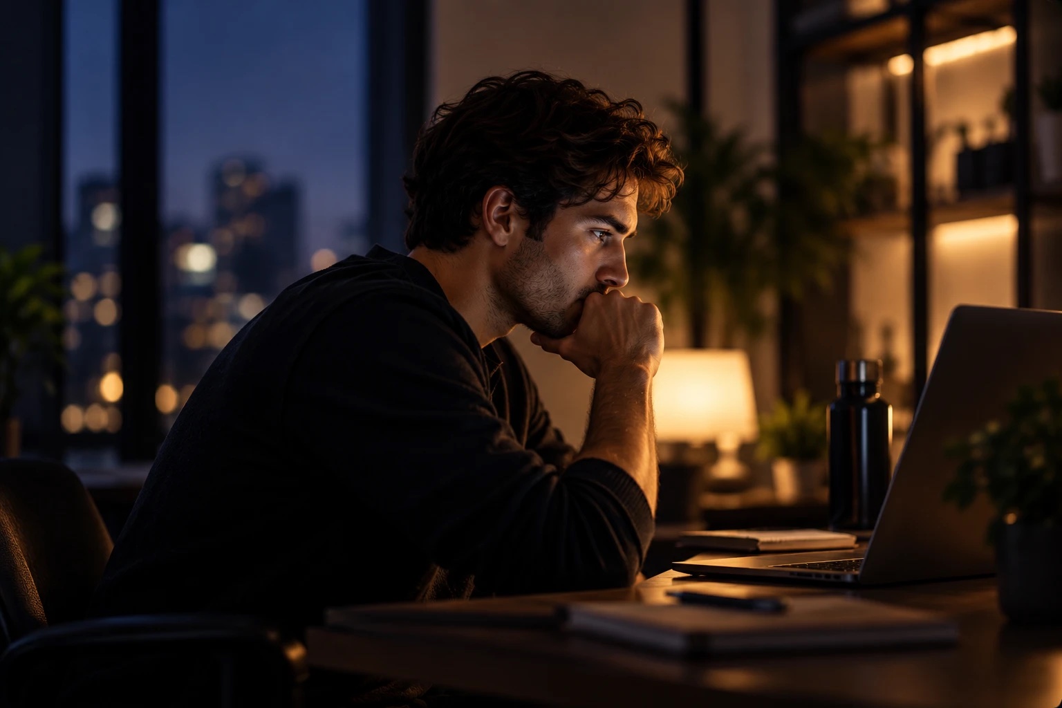A man deep in thought at a laptop in a dark apartment at night, city lights behind him