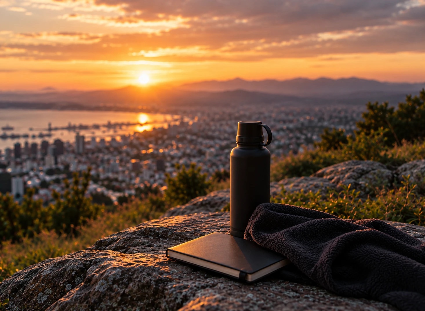 A flask, notebook and blanket on a rock above a city at sunset